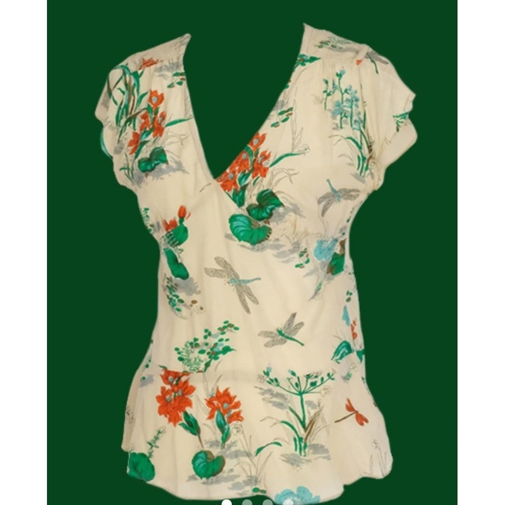Anthropologie Silk Blouse Womens 10 Cream Excellent Botanical Dragonfly Peplum‎